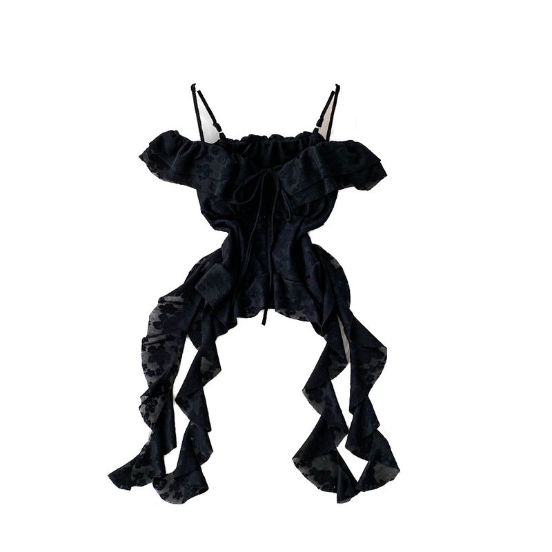 French style Temperament Frill off-Shoulder Sling Top Women 2025 New Irregular Jacquard Slim fit Slimming Shirts