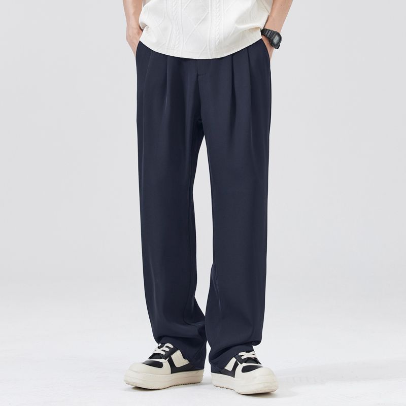Summer New Wide-leg Drape Double-pleated Small Trousers Men's Daily Commuting Loose Straight Casual Long Pants