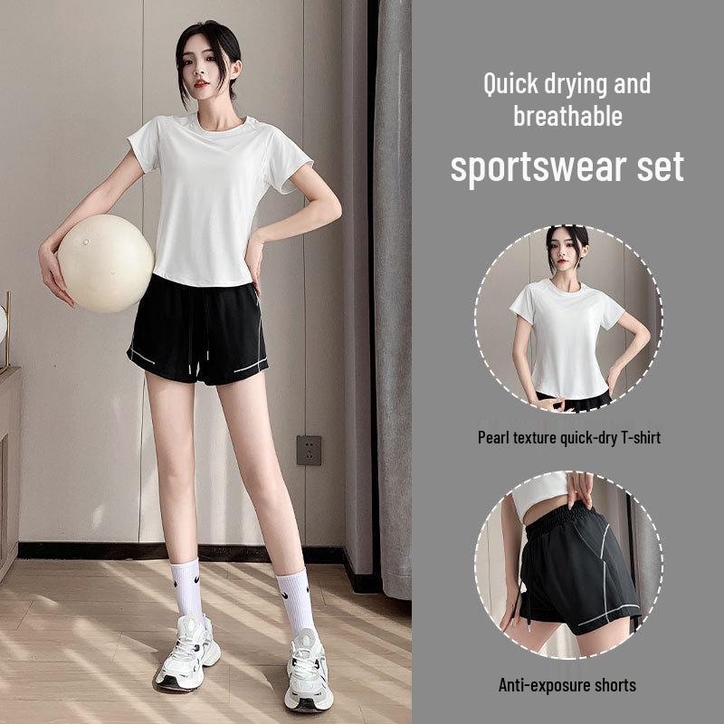 Women's Ice Silk Quick-Dry Summer Fitness Set (T-Shirt & Anti-Exposure Shorts)