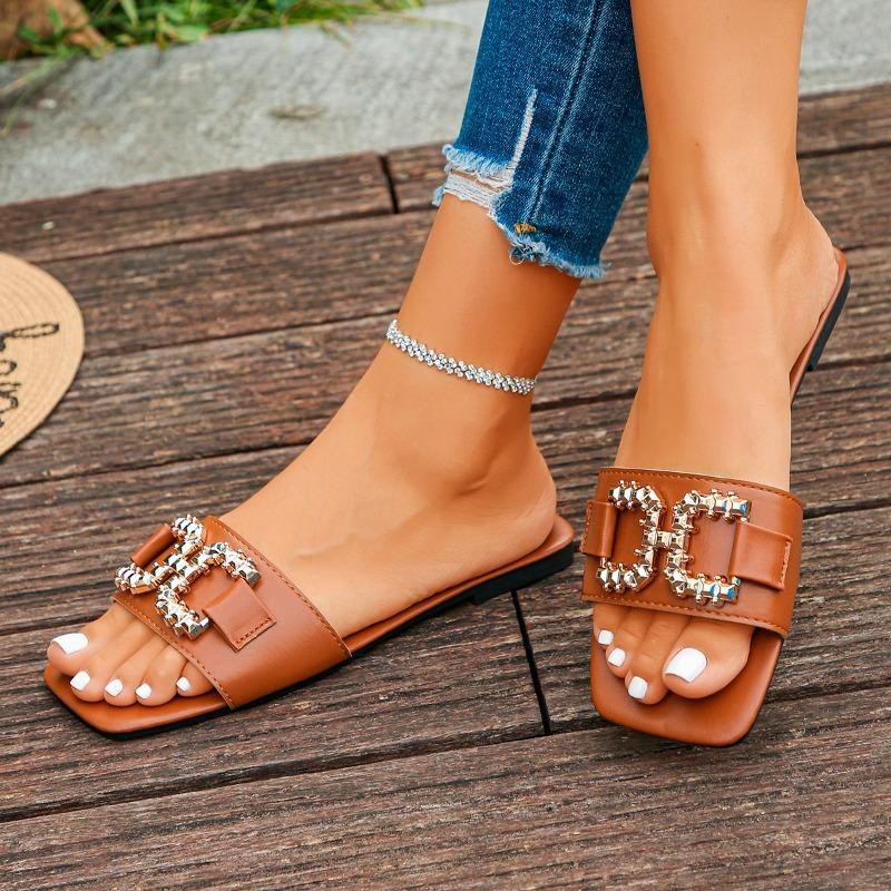 Металлические Пряжки Шлепанцы Летние Новые Квадратный Носок Открытый Носок Мягкая Подошва Нескользящие Износостойкие Большие Размеры Римские Сандалии 44 коричневый