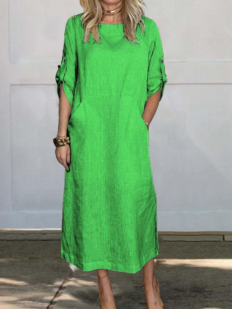 New Summer Breeze Loose Casual Solid Color Short Sleeve Cotton Linen Dress