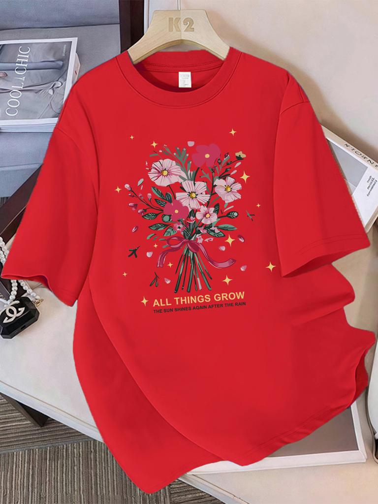 Summer T-Shirts Women Cotton All Things Grow Beautiful Flowers Print Tops Loose O-Neck Soft Comfortable T Shirt Casual Clothes