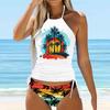 Costume da bagno da donna con scollo all'americana, stampa di crisantemi multicolori, bikini, tankini