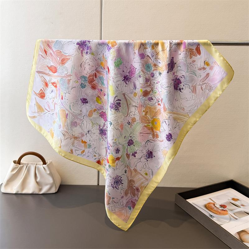 70Cm Square Flowers Oils Print Green Square Silk Scarf Casual Elegant Thin Breathable Women Windproof Head Wrap Hair Scarves