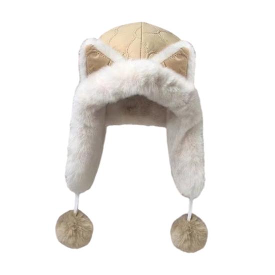 Lei Feng Hat Soft Plush Fox Ear Design Warm Imitation Rex Rabbit Fur Velvet Lined Adjustable Elastic Fit Riding Hat