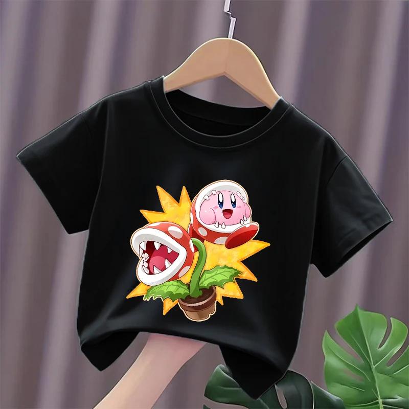 Kirbys Hemd Sommer Rundhals Rundes T-Shirt Baby Baumwolle Kurzarm Oberteile Mädchen Einfarbige Kinder Gedrucktes Anime Weißes T-Shirt Niedliche T-Shirts
