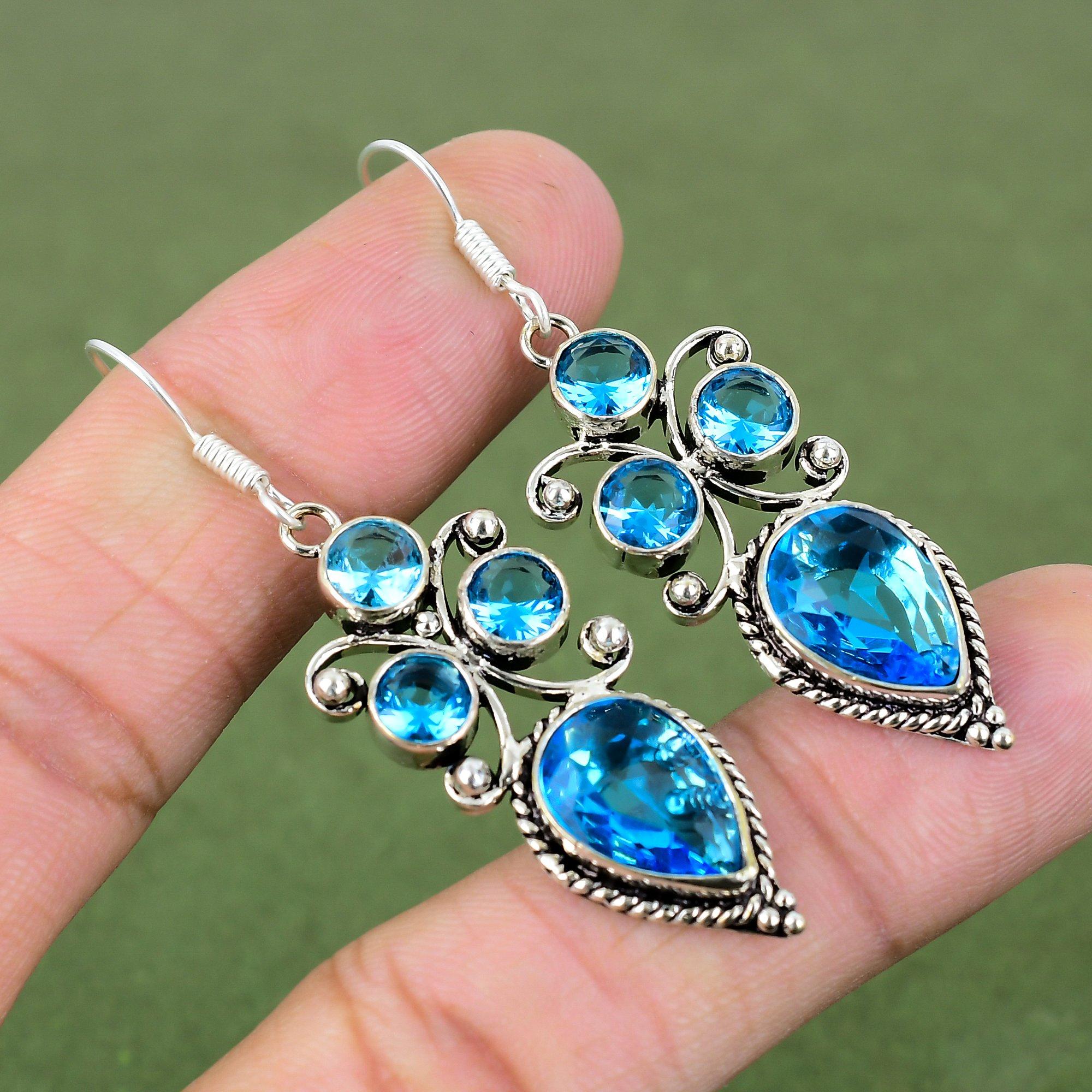 

Ювелирные серьги ручной работы из стерлингового серебра 925 пробы со швейцарским голубым топазом 2,36 дюйма