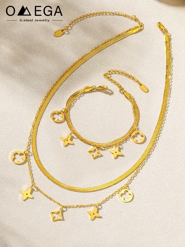 316L Stainless Steel Necklace Matching Bracelet Anklet For Women 18k Gold Plated Two-layer Charm Necklaces Bracelets Ankle Chain