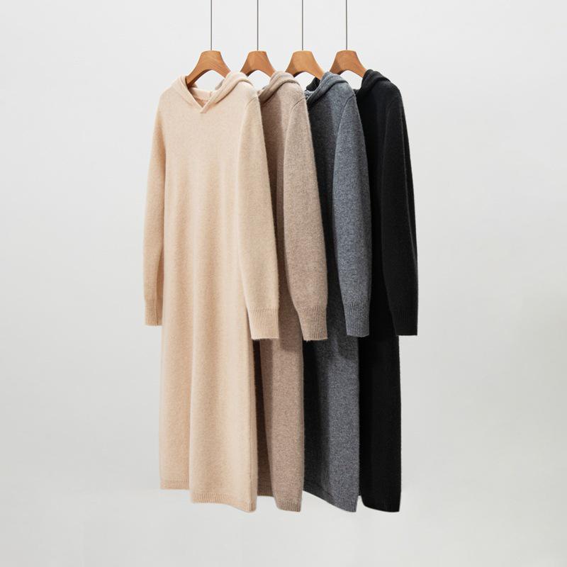 Autumn/Winter Hooded Wool Knit Sweater Dress - Solid, Loose, Soft, Warm, Mid-Length Cashmere.