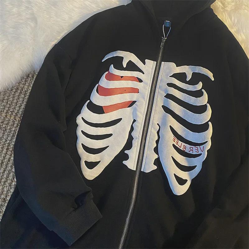 Women's Loose Skull Print Hooded Cardigan Sweatshirt with Zipper - Autumn/Winter Trendy Long-Sleeved Jacket
