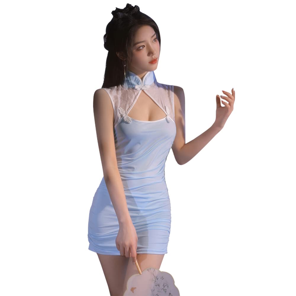 China Dress Cosplay Sexy Blue Open Chest Extreme Etch Qipao Lingerie Apron Dress Halloween Costume Cute Stockings Included [YUEEI] See-Through Women's
