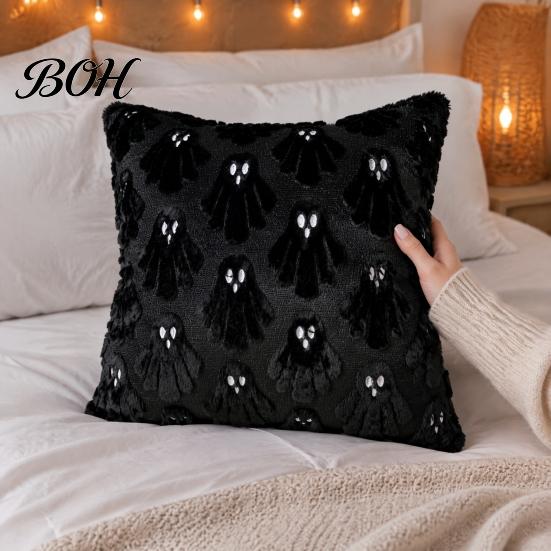 Removable Washable Cushion Shells Halloween Ghost Cover, Fuzzy Throw Pillow 18x18 Inch Versatile Square Covers Plush Case for Sofa Couch Home Holiday