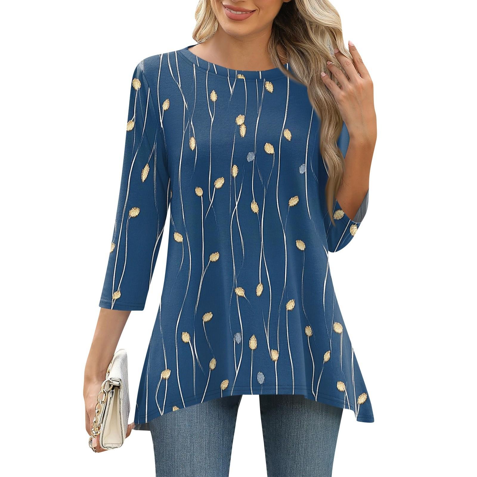 

3/4 рукав туника топы для женщин принтованный повседневный выходной свободный крой модная базовая футболка с круглым вырезом XL