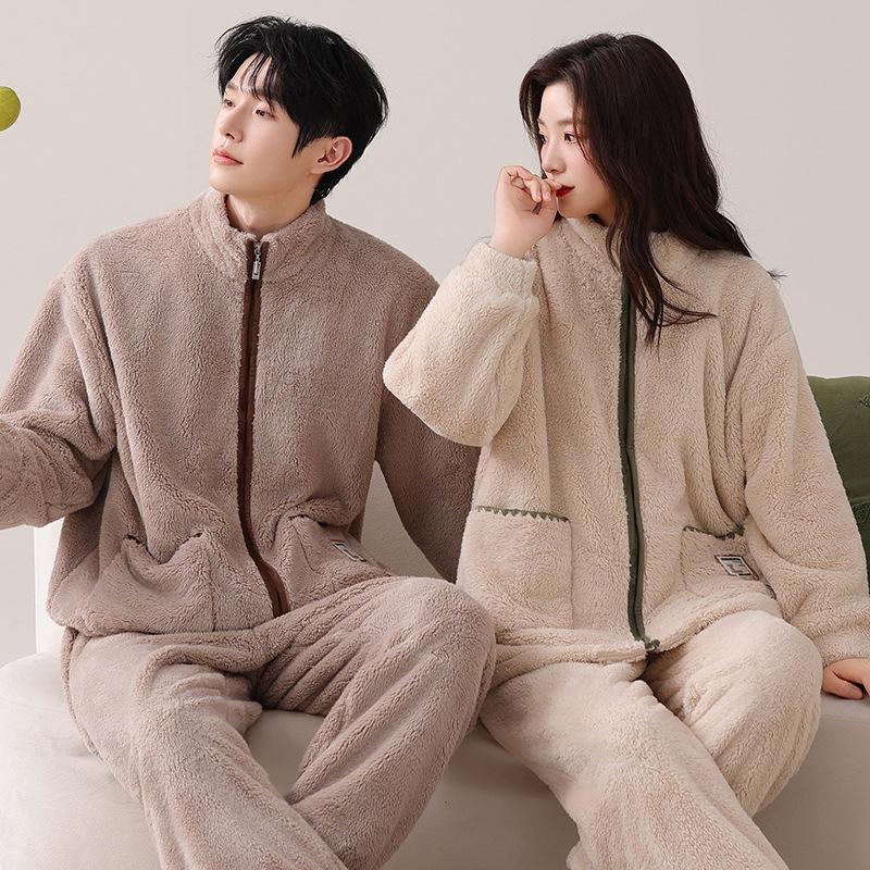 Couple Pajamas Women'S Autumn And Winter Coral Fleece Thickened Fleece Warm Flannel Zipper Men'S Loungewear Set