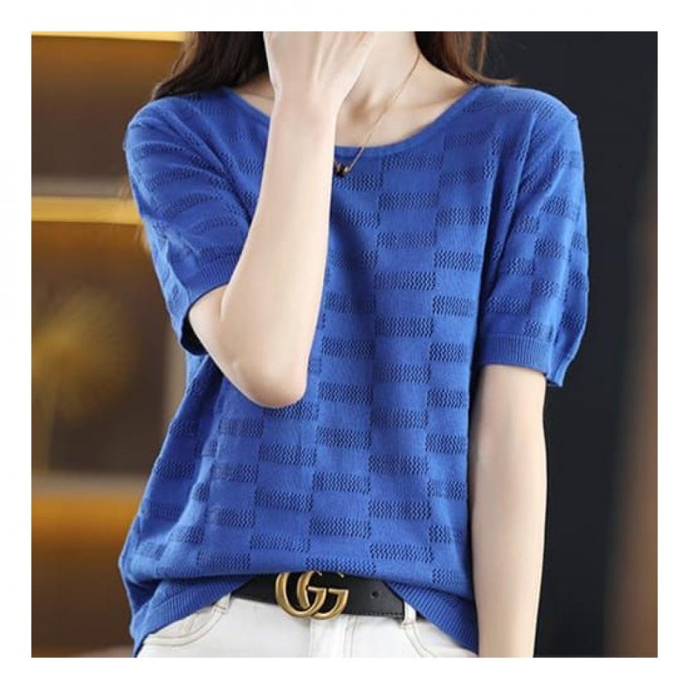 Navava Women Simple Daily Punching Check Short Sleeve Knit Nk2075
