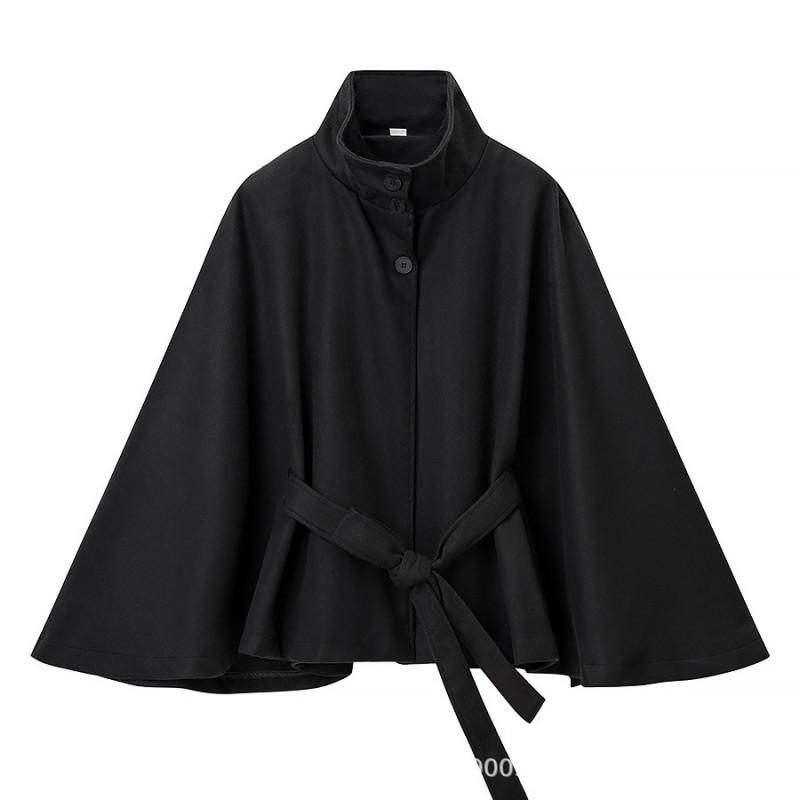 Damen Übergroßer Wollmischungs-Umhangmantel Mit Gürtel Stehkragen 3-Knopf-Verschluss Lockerer Schnitt Winter-Oberbekleidung