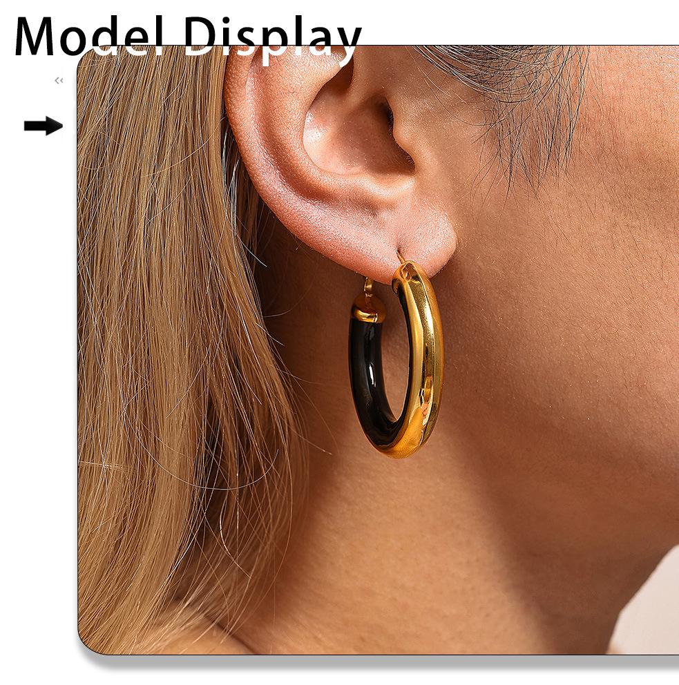 Qiong Yao European Style Circle Drip Oil Earrings, 18K Gold-Plated Stainless Steel, Hypoallergenic, Color-Retentive, Women's.