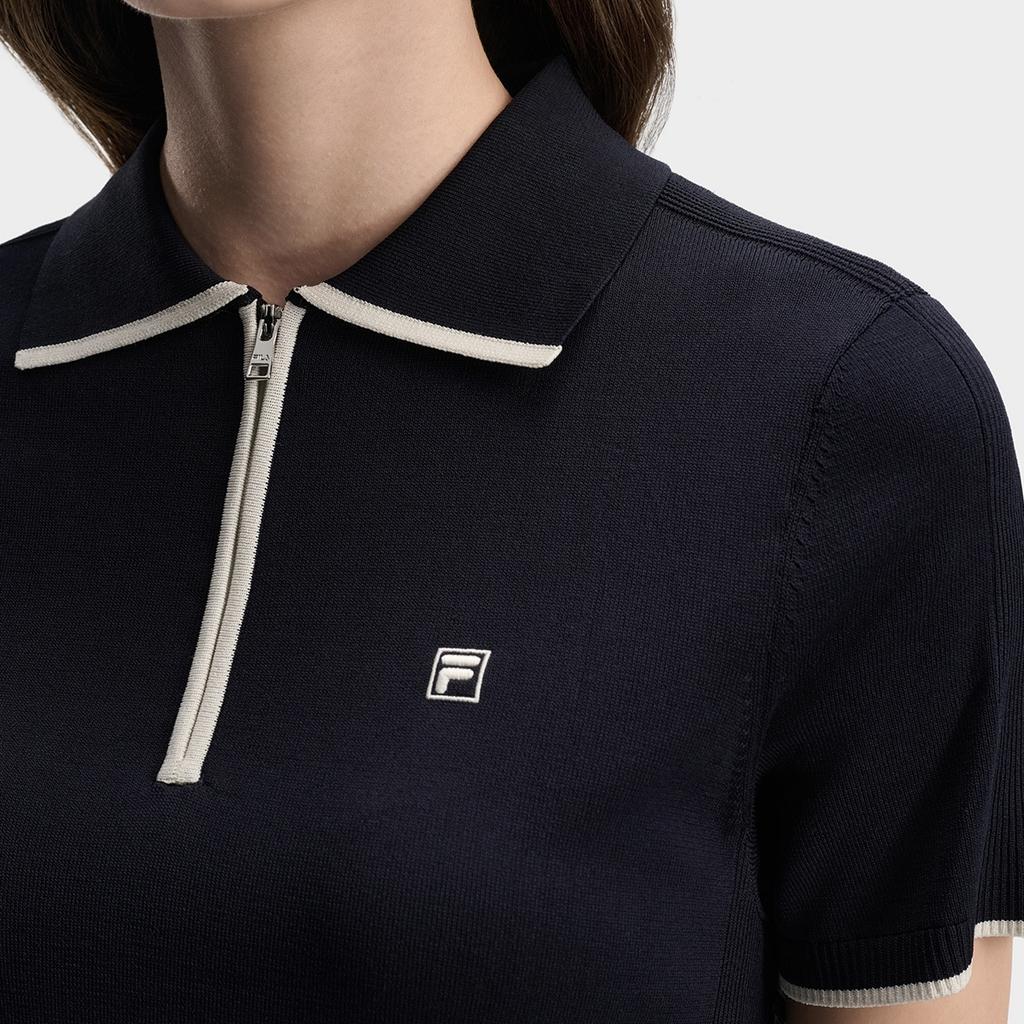 FILA White Fashion Simple Classic Retro Casual Versatile Comfortable Half-Zip Knitted Short Sleeve Sweater Women tops Legendary-Blue F11W613406FNV
