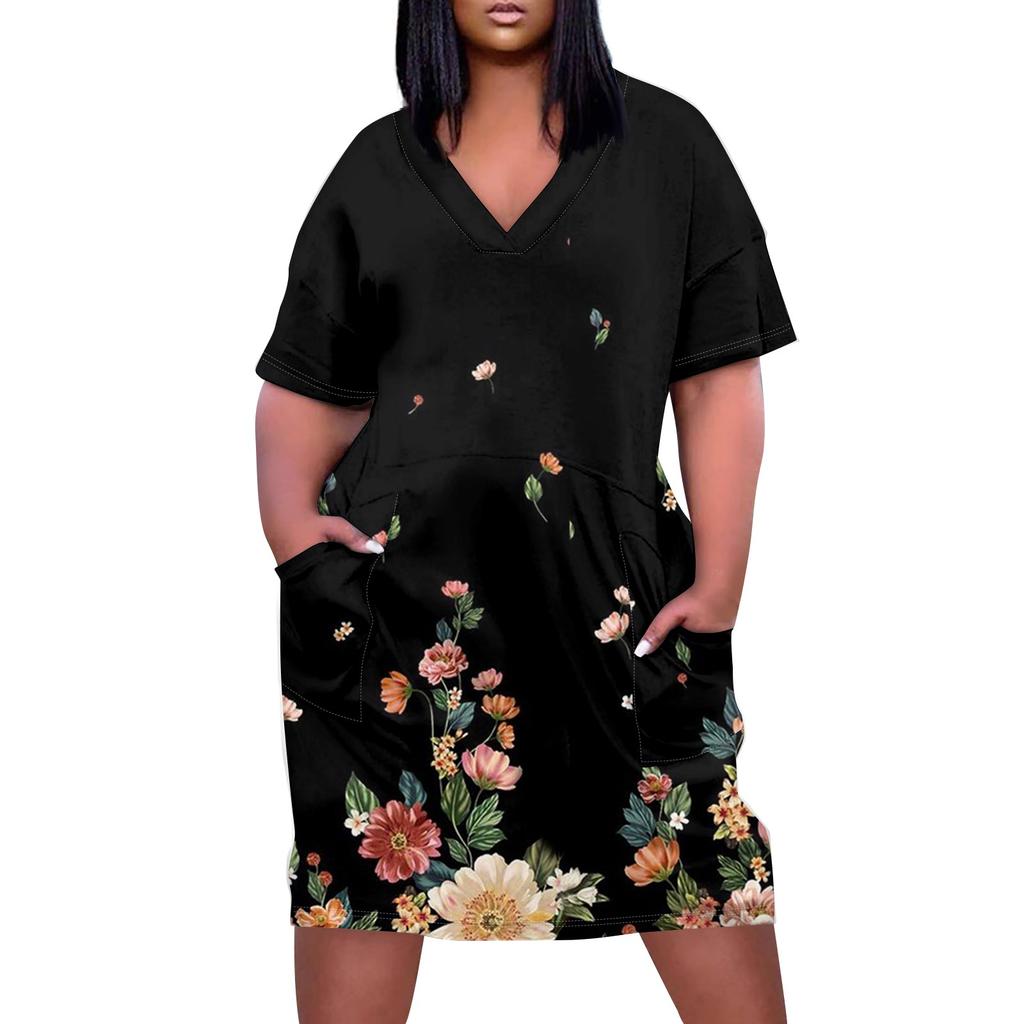 Summer Plus Size V Neck Short Sleeve Knee Pocket Gradient Print Casual Dress For  Women
