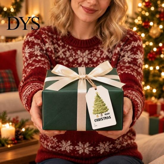 Customizable Name Labels 60 Pcs Christmas Tree Gift Tags with Hemp Rope, Watercolor Xmas Rope Included Winter Holiday Paper Tags, Merry Hanging