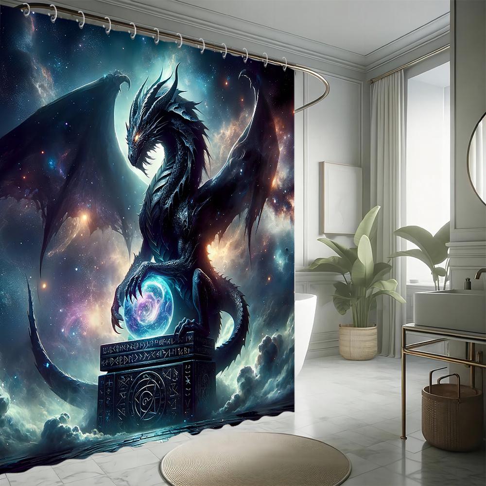1pc Shower Curtain - Majestic Black Dragon with Celestial Background and Mystical Orb Design for a Dramatic Bathroom Waterproof