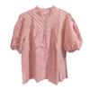 Women Tops V-Neck Puff Short Sleeves Hollow Out Crochet Shirt Solid Color Loose Fit Blouse Outdoor Leisure Wear