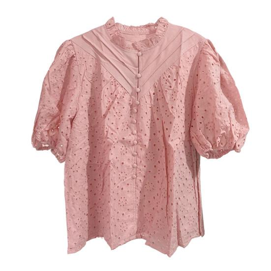 Women Tops V-Neck Puff Short Sleeves Hollow Out Crochet Shirt Solid Color Loose Fit Blouse Outdoor Leisure Wear