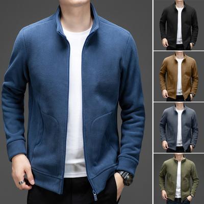 Men Spring Autumn Coat with Pockets Solid Color Stand Collar Long Sleeves Zip-up Mid Length Jacket Warm Polar Fleece Outerwear