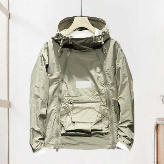 Men Trench Coat Hooded Drawstring Long Sleeve Double Zipper Cargo Tops Solid Color Large Pocket Street Style Outwear