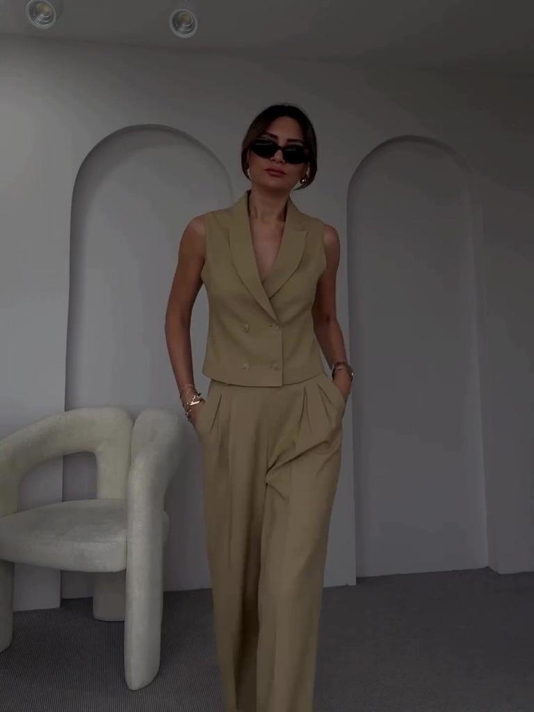 2024 Summer European & American Solid Color Lapel Sleeveless Vest and Wide-Leg Long Pants Set