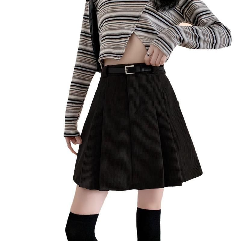 Korean Style A-Line High Waist Pleated Corduroy Skirt - Short, Anti-Exposure, 2024 Autumn/Winter Collection (No Belt)