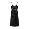 Frühlings-Leder-Midikleid für Damen, Vintage-Spaghettiträger-Sommerkleid, schickes lässiges, geteiltes, schmales schwarzes Kleid