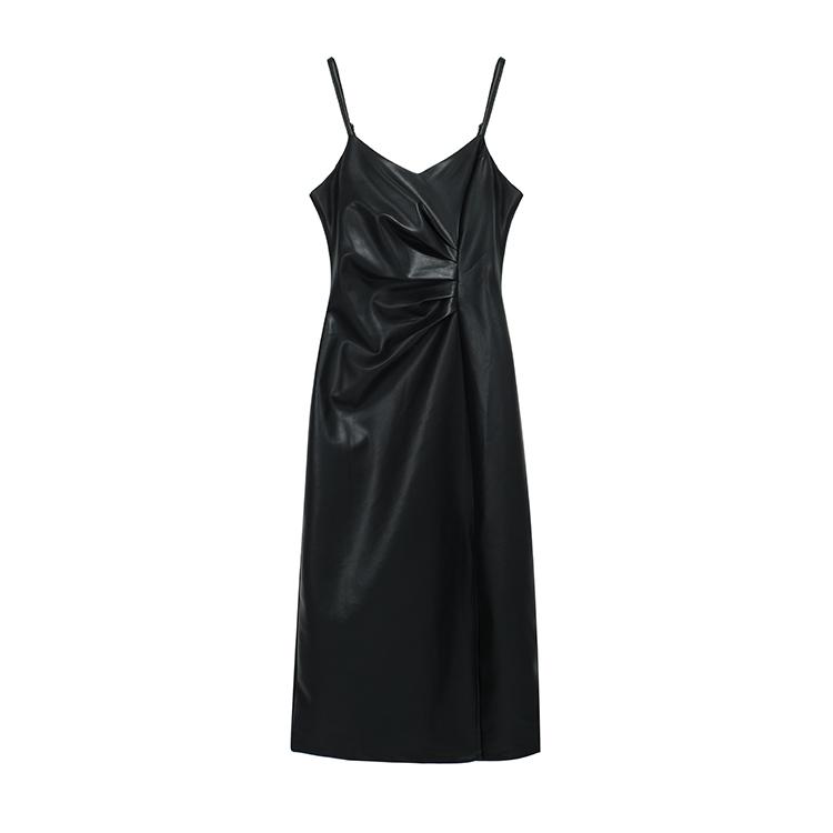 Rochie Midi din piele de primăvară pentru femei Rochie de vară vintage cu bretele spaghete Rochie neagră șic, casual, subțire