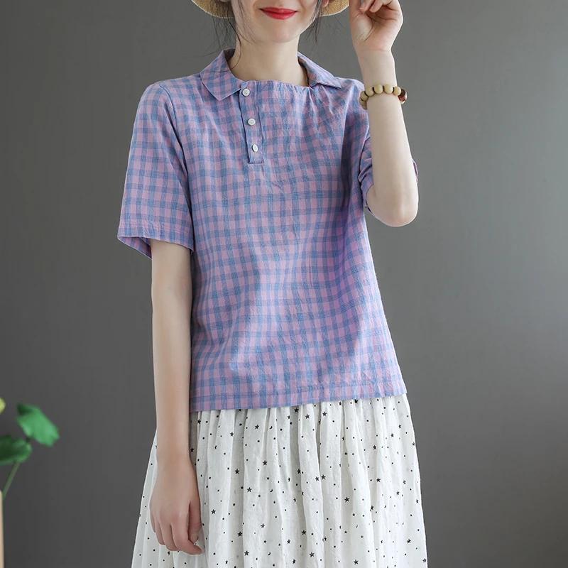 Spring New All Match Women's Cotton and Linen Short Sleeved T-shirt Loose and Slimming Patchwork Plaid Casual Top