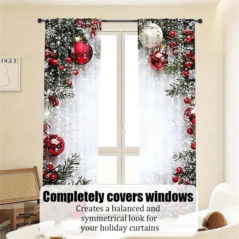Christmas Ball Holiday Printed Curtains, 2 Pieces 2D Flat Printed Red Luxury Xmas Print Curtains with Snowflakes for Holiday Party Decor