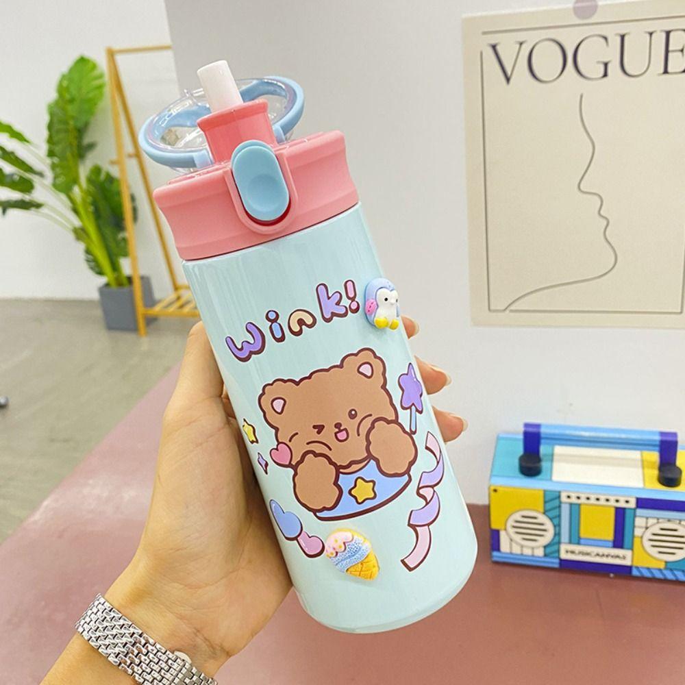 With Straw Cartoon Insulated Water Bottle Large Capacity Thermos Tumbler Car Vacuum Flask  Children