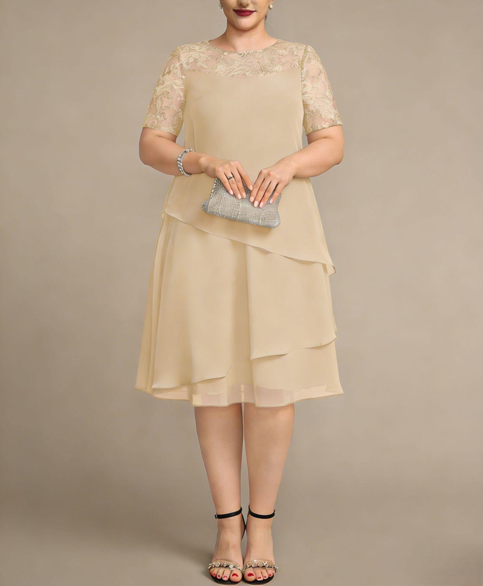 2026 Plus Size Chiffon Short Sleeve Lace Patchwork Slim Dress for Women 5XL