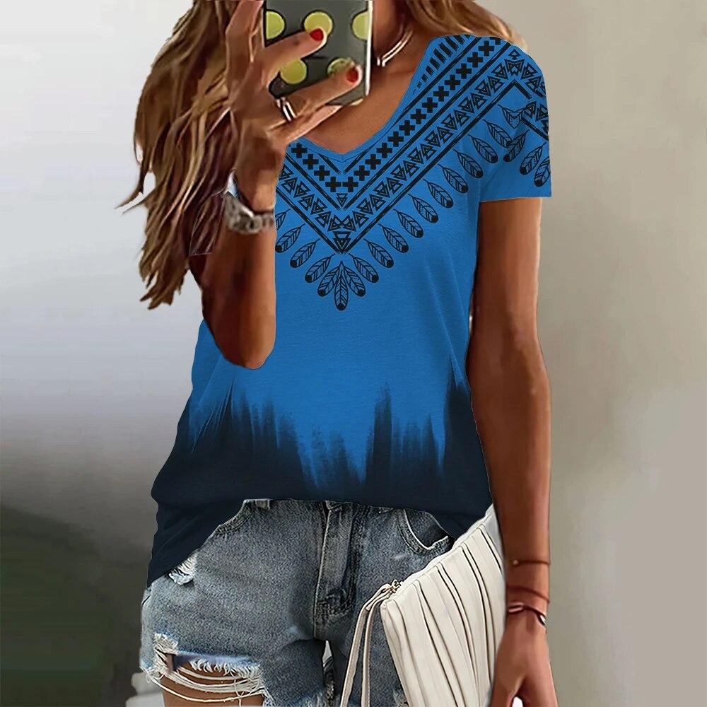 Gradient Pattern Women's T Shirt Summer V Neck Casual Short Sleeve Tees Female Oversized Harajuku Clothing Fashion Girls Blouse