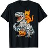 Funny Cat Riding Mummy Dinosaur T-Rex Halloween Pumpkin T-Shirt(1)