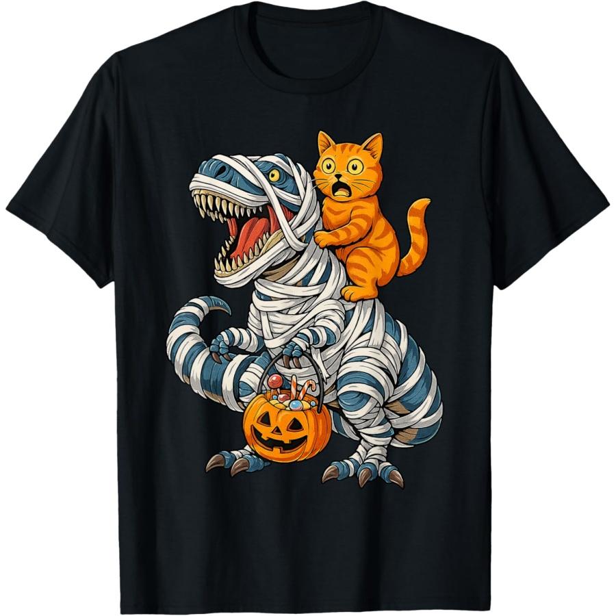 Funny Cat Riding Mummy Dinosaur T-Rex Halloween Pumpkin T-Shirt(1) XXXXXL чёрный