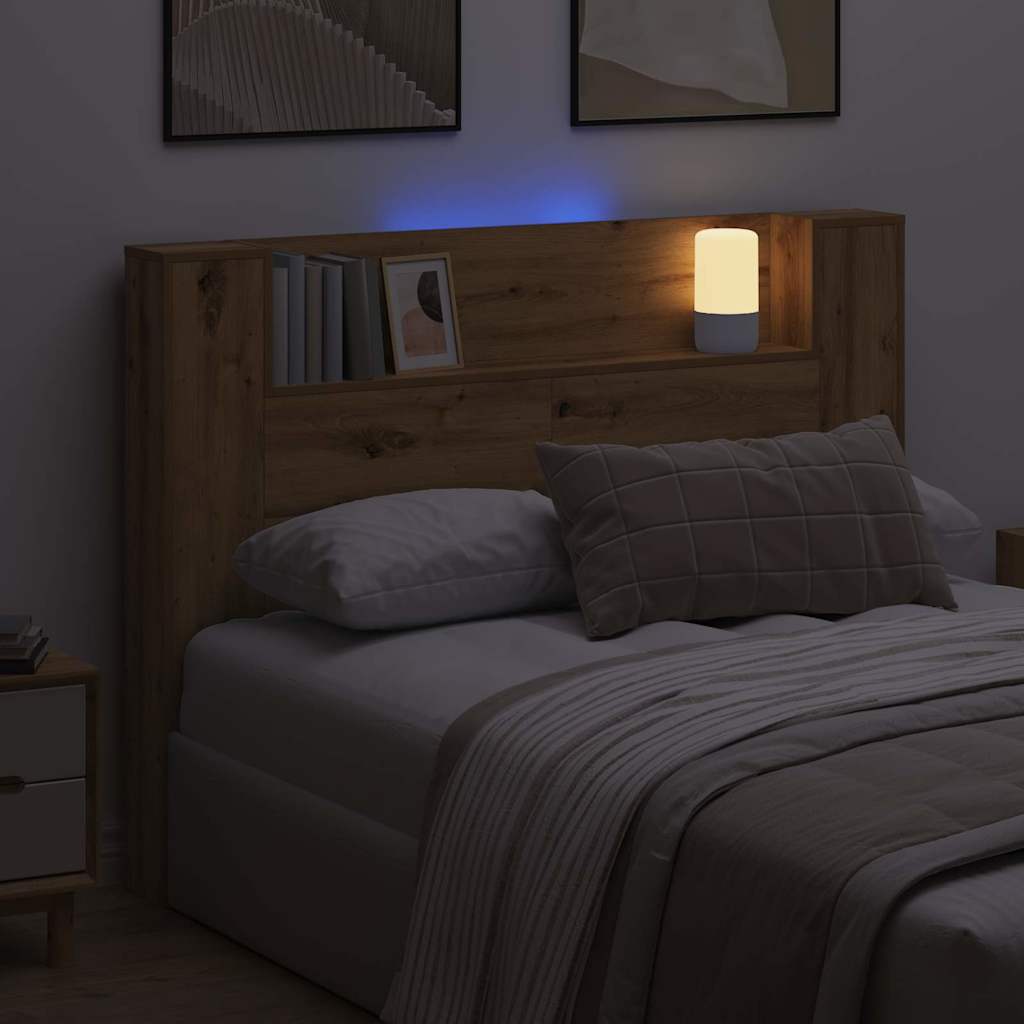 Storage Headboard with LED Artisan Oak Wood Material
