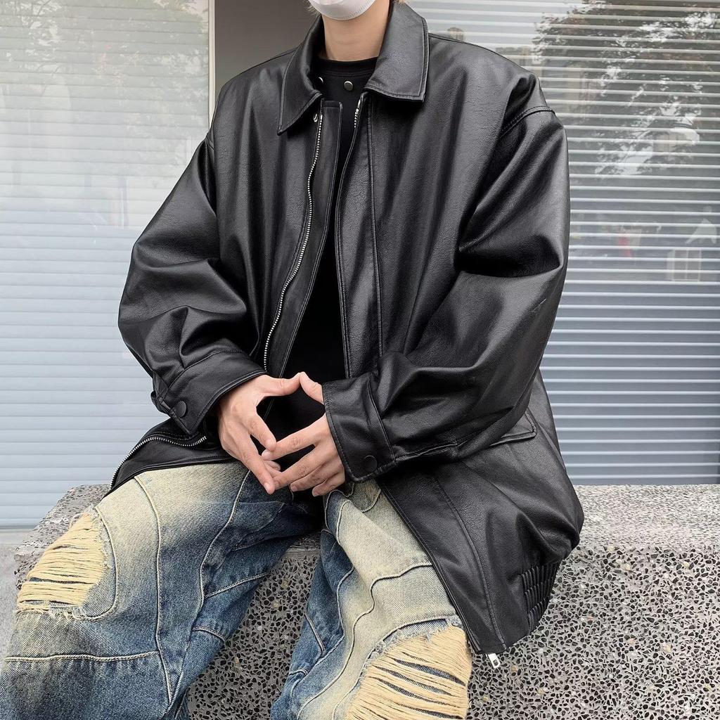 Men's Trendy PU Leather Motorcycle Jacket – Spring/Autumn, High-End Look, Handsome Casual Loose Fit, Lapel Design.