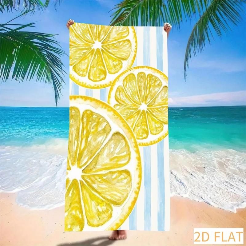 Refreshing Lemon Slice Beach Towel - Super Absorbent Quick Dry Microfiber with Blue Stripes, Soft Sand Free Blanket for Picnic