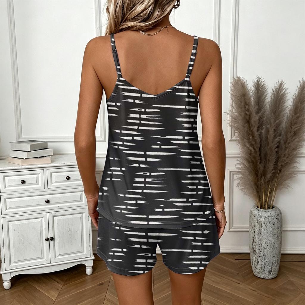 Women Summer Casual Two Piece Set Striped Print Sleeveless Square Neck Tank Top and Shorts with Pockets Lightweight Lounge Outfit