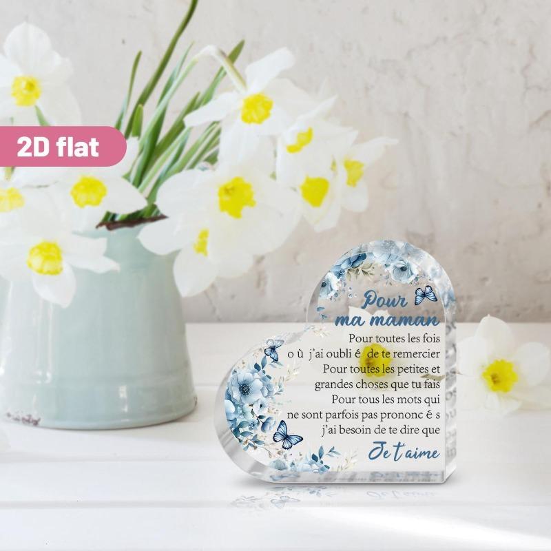 2D Flat, "Pour Ma Maman" Heart-Shaped Acrylic Decorative Plaque, Blue Floral Design & French Inscription, Suitable for Wall Decoration, Porch, Room, V
