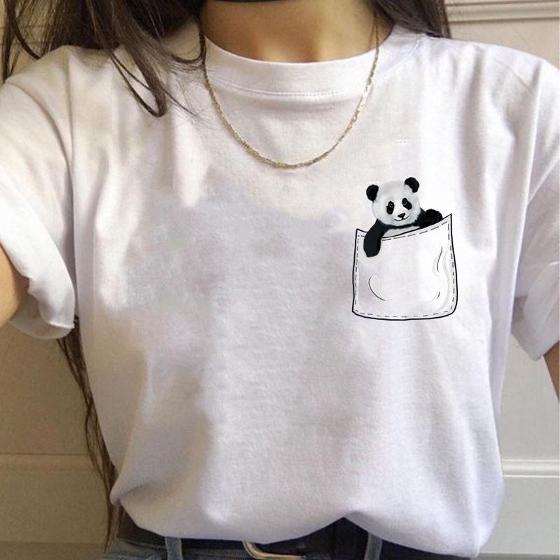 Korean Style Casual Short-Sleeved T-Shirt for Women Spring/Summer Cartoon Panda Print Loose Base Shirt Polyester Fabric