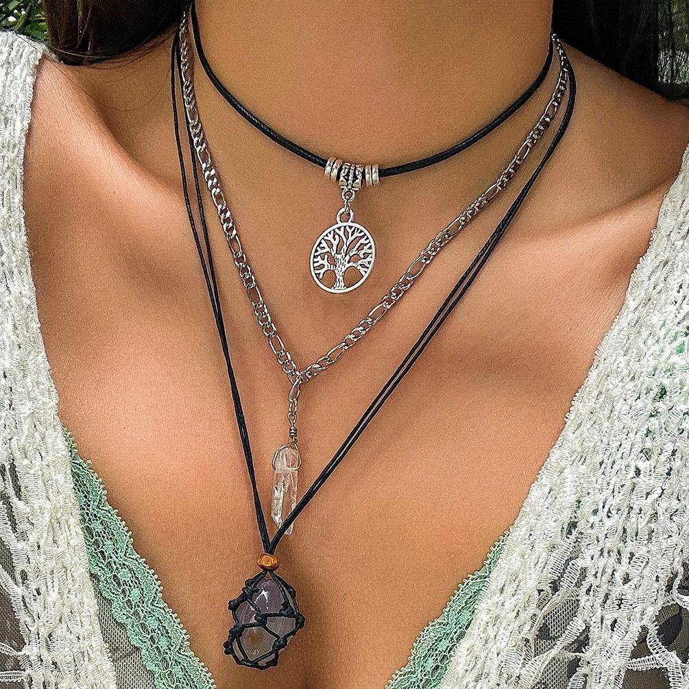 

Ingemark 3Pcs/Set Vintage Crystal Stone Pendant Necklaces Women Fashion Sliver Color Metal Tree Chokers Neck Chain New Jewelry