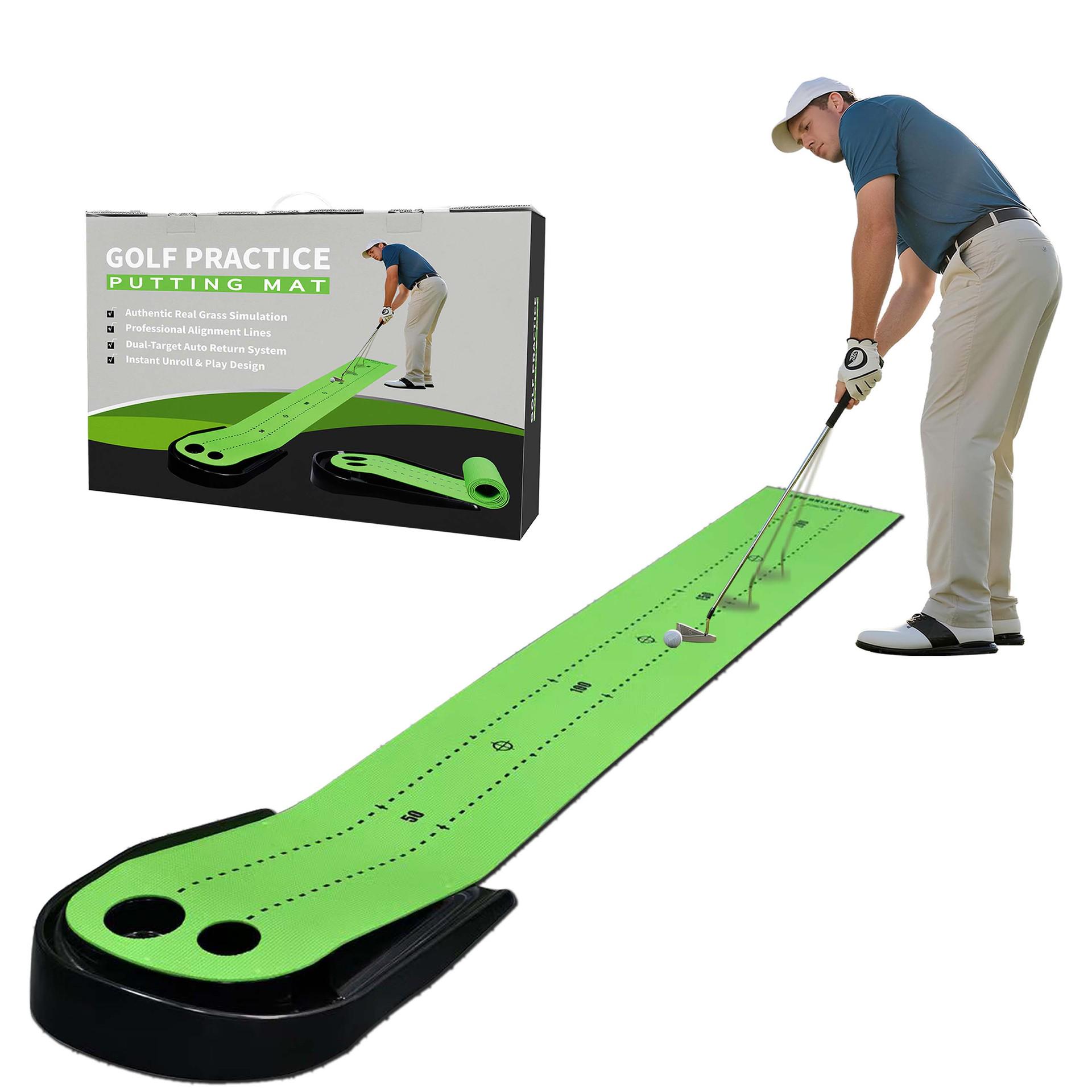 Durable Non-Slip Indoor Golf Putter Training Mat with Automatic Ball Return зелёный