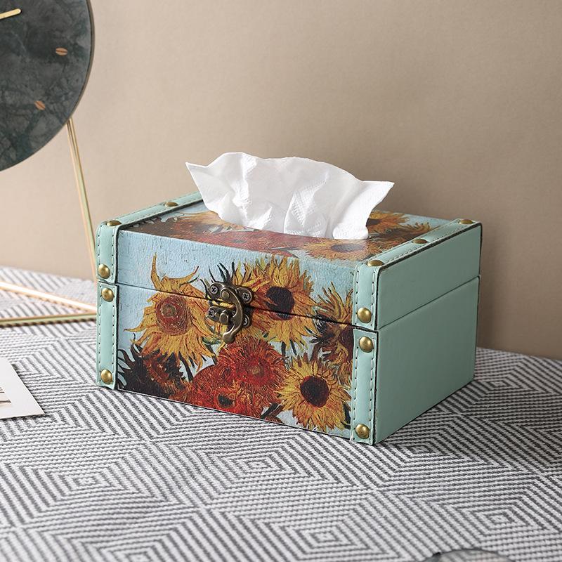 Originalität Ölgemälde von Blumen quadratisch Taschentuchbox Leder Aufbewahrungsbox Wohnzimmer Schreibtisch abgedeckte Papierbox