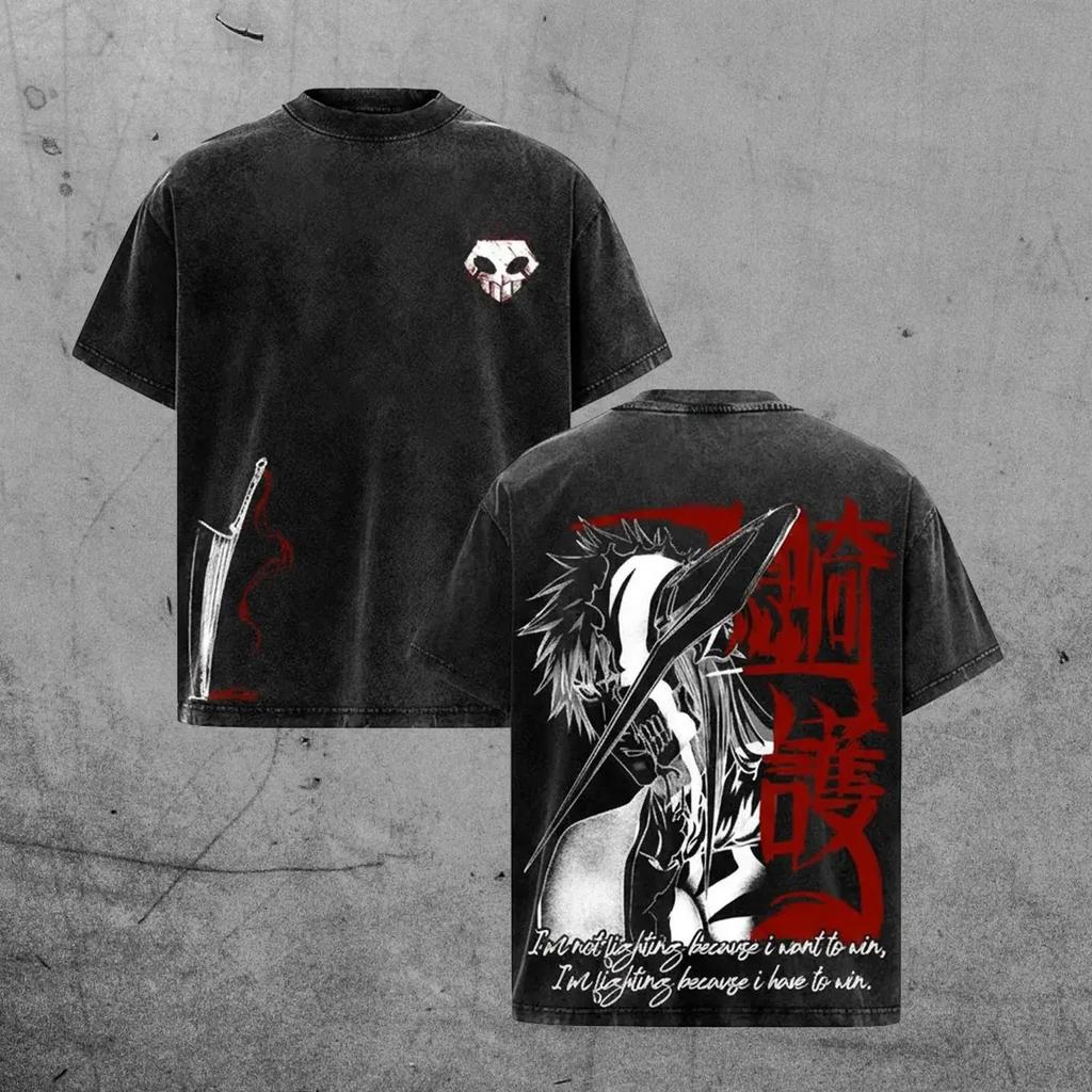 Japanese Anime BLEACH T-shirt Men's Clothing Kurosaki Ichigo Washed Casual T Shirt Summer Short Sleeve Pure Cotton Tees Tops